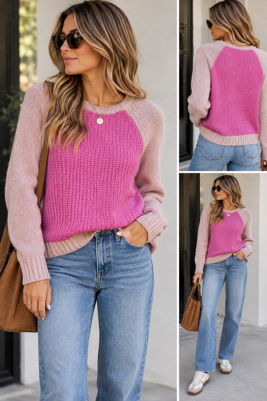 Boden Colorblock Wool Alpaca Blend Crew Neck Pullover Sweater Pink Beige Size 4